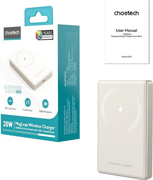 Power Bank ChoeTech PD20W 10000mAh Ultra-thin magnetic power bank SUPER SLIM only 14.6mm--white ...