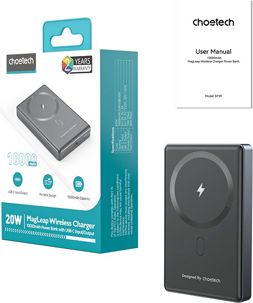 Power Bank ChoeTech PD20W 10000mAh Ultra-thin magnetic power bank SUPER SLIM only 14.6mm--black ...
