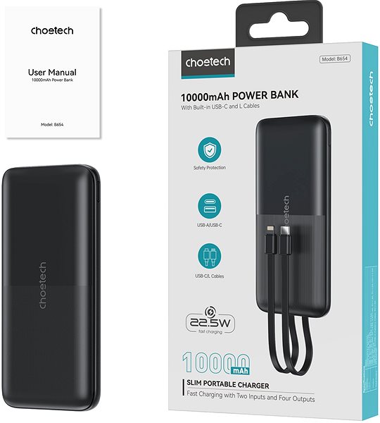 Power Bank ChoeTech 22.5W Fast Charging Power Bank with Cable out ...