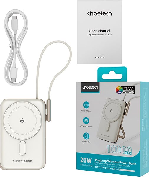 Power Bank ChoeTech PD20W Magnetic 10000mAh Power Bank With Cable white ...