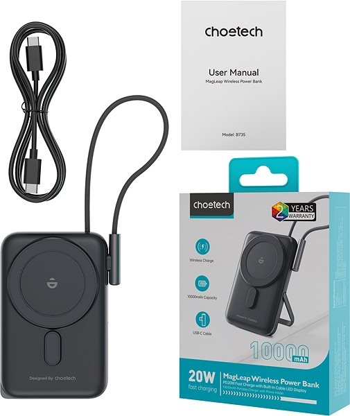 Power Bank ChoeTech PD20W Magnetic 10000mAh Power Bank With Cable black ...