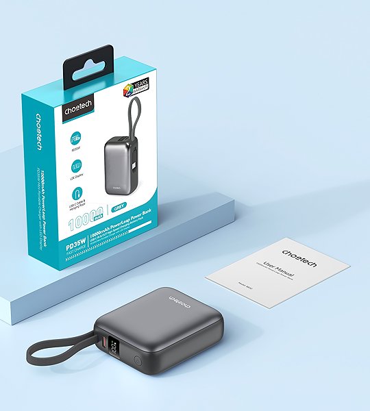 Power Bank ChoeTech Mini 35W 10000mAh Power Bank with USB-C input/output Cable grey ...