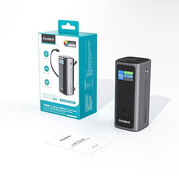 Power Bank ChoeTech TFT 20000mAh PD130W Power Bank with input/output cable ...