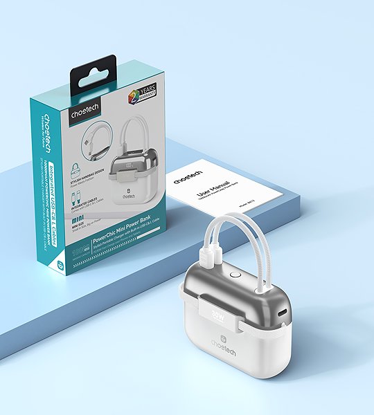 Power Bank Choetech Mini Bag Digital 10000mAh PD30W Power Bank
with Type-c+L cable Out for Ipad/iphone white ...