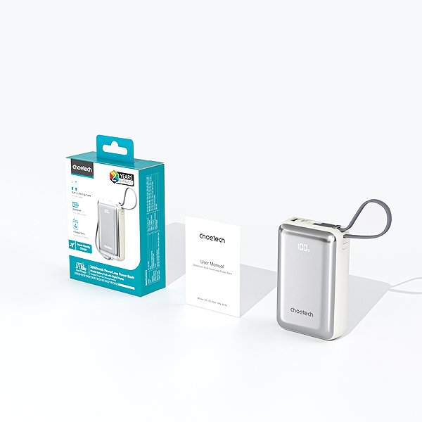 Power Bank ChoeTech 45W CCC Certified 20000mAh Power Bank with USB-C input/output Cable – White ...