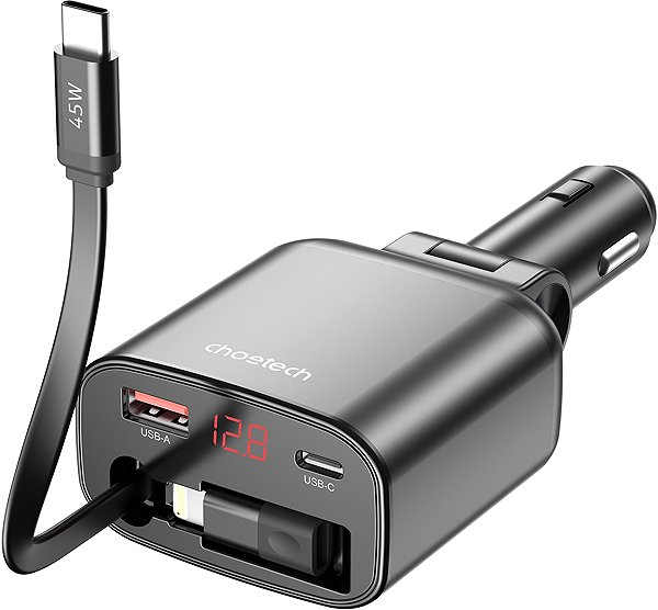 Car Charger ChoeTech 105W USB-C+USB-A Digital Fast car charger with Stretchable Type-C cable ...
