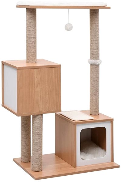 Škrabadlo pre mačky Shumee Škrabacie odpočívadlo drevené s kukaňami a loptičkou 104 × 60 × 40 cm biele Bočný pohľad