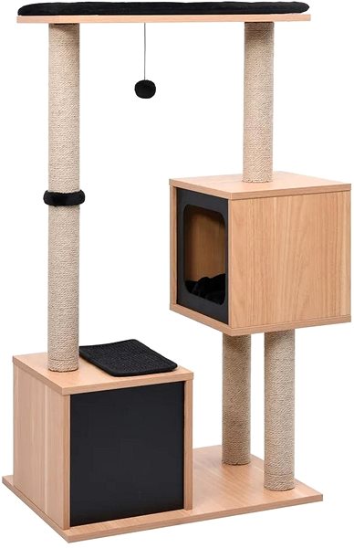 Škrabadlo pre mačky Shumee Škrabacie odpočívadlo drevené s kukaňami a loptičkou 104 × 60 × 40 cm čierne Bočný pohľad