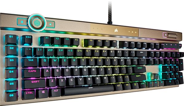Gaming-Tastatur Corsair K100 RGB Midnight Gold - OPX Silver RGB - US Seitlicher Anblick