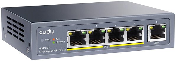 Switch CUDY 5-Port Gigabit PoE+ Schalter 60W Seitlicher Anblick