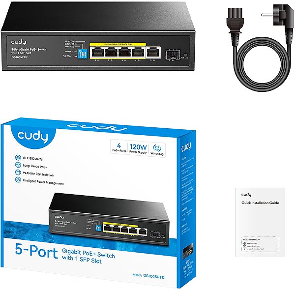 Switch CUDY 5-Port Gigabit PoE+ Switch with 1 SFP ...