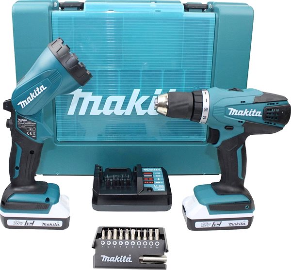 Cordless Drill Makita DF457DWLX 18V, 2x1,3Ah Package content