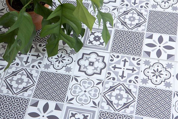 D-c-fix grey and white tile self-adhesive floor squares.