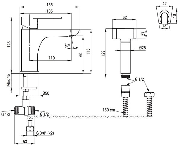 Tap DEANTE Alpinia chrome - Basin mixer with bidet hand shower BGA_027M ...