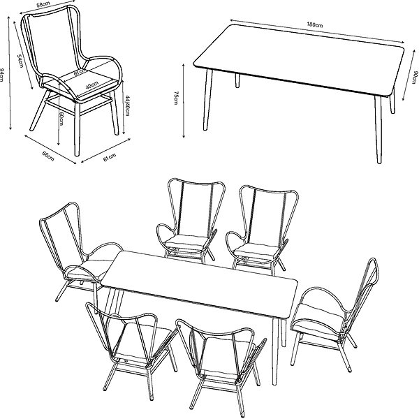 Kerti asztal ELEANOR Kerti asztal 1/2 180 cm × 90 cm × 74 cm Műszaki vázlat