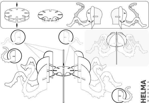 colouring page Helmet 3D colouring page - Octopus, flamingo and monkey .
