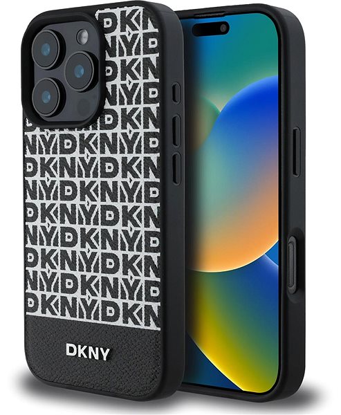 Handyhülle DKNY PU Leather Repeat Pattern Bottom Stripe MagSafe Back Cover für das iPhone 16 Pro Max Black ...