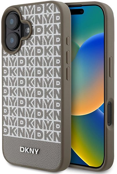 Handyhülle DKNY PU Leather Repeat Pattern Bottom Stripe MagSafe Back Cover für das iPhone 16 Brown ...