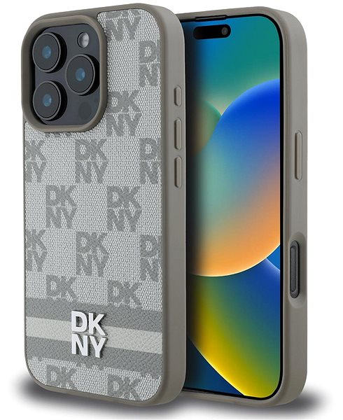 Handyhülle DKNY PU Leather Checkered Pattern and Stripe Back Cover für das iPhone 16 Pro Max Beige ...