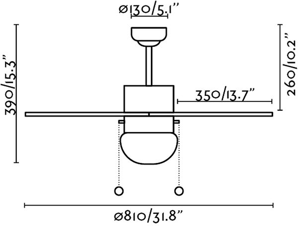 Ventilátor FARO 33185 - Stropní ventilátor PALAO 1xE14/40W/230V Technický nákres