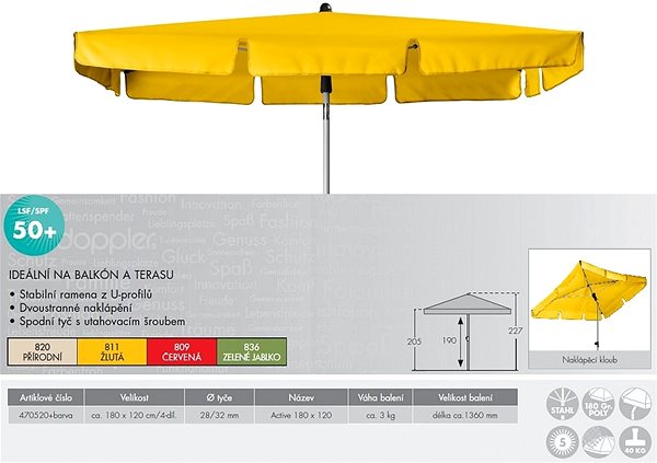 Slnečník Doppler Active 180 × 120 cm žltý Technický nákres