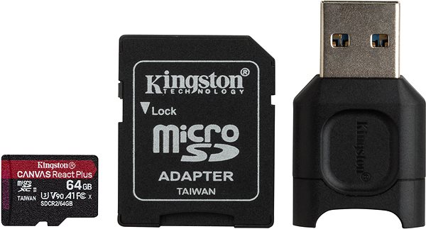 Paměťová karta Kingston MicroSDXC 64GB Canvas React Plus + SD adaptér a čtečka karet ...