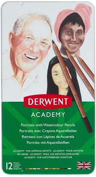 Pastelky DERWENT Academy Watercolour Pencils Skintones v plechovej krabičke, šesťhranné, 12 farieb Obal/škatuľka