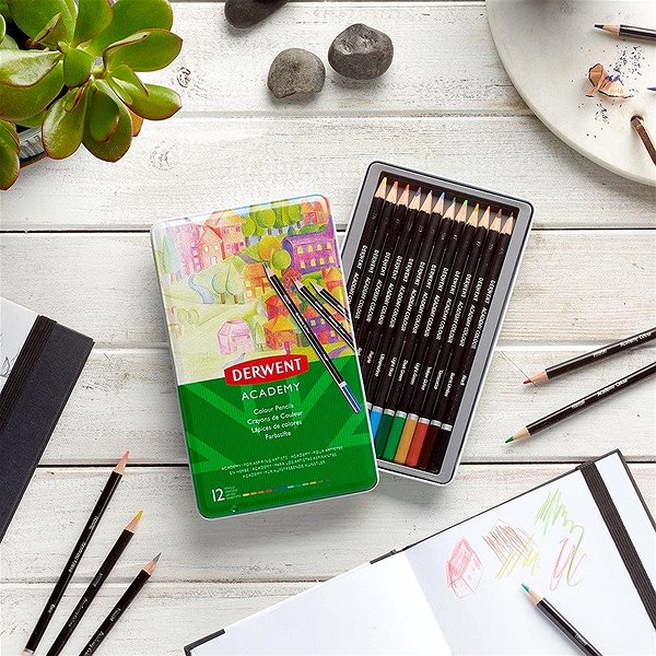 Pastelky DERWENT Academy Colour Pencil Tin v plechovej škatuľke, okrúhle, 12 farieb Lifestyle