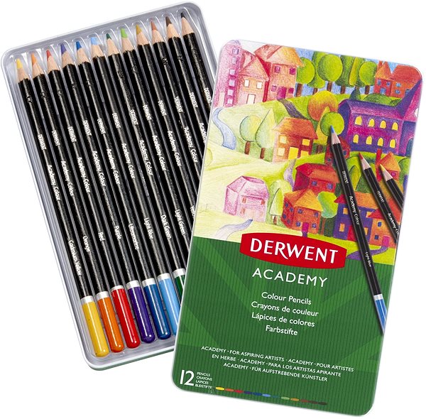 Buntstifte DERWENT Academy Colour Pencil Tin in Blechdose, rund, 12 Farben Screen