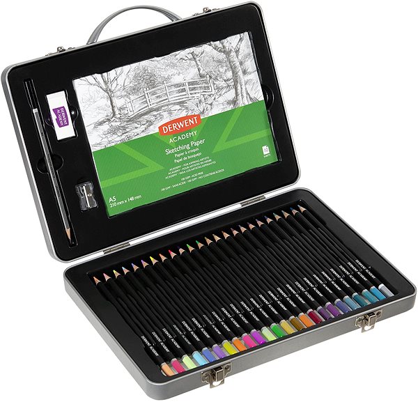 Pastelky DERWENT Academy Carry Tin Box, kovový kufrík, výtvarná sada pasteliek a ceruzky, 25 ks Screen