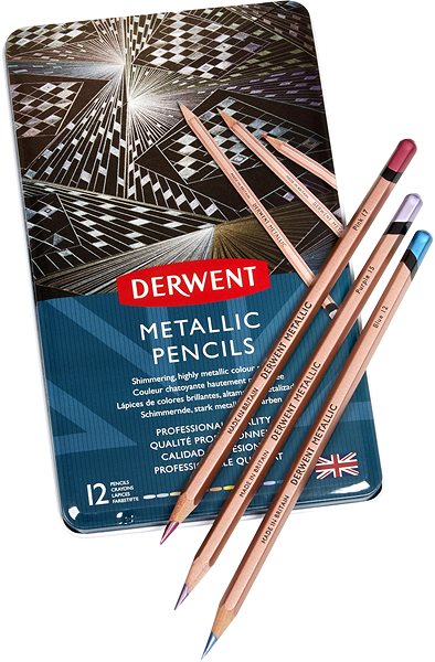 Pastelky DERWENT Proffesional Metallic Pencils v plechovej krabičke, šesťhranné, 12 farieb Lifestyle