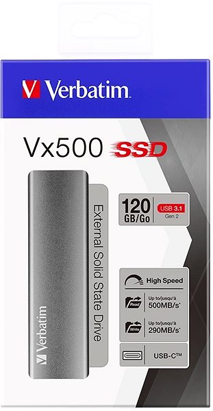 Externe Festplatte VERBATIM Vx500 External SSD 120 GB Silber Verpackung/Box