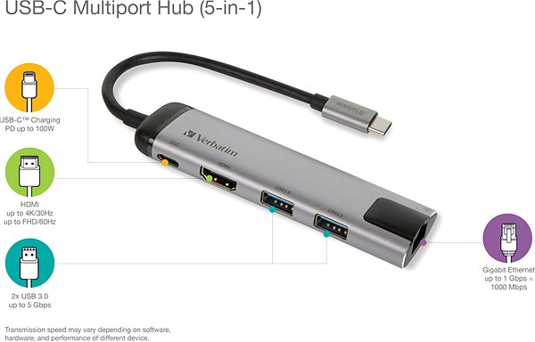 Port Replicator VERBATIM USB-C Multiport HUB USB 3.1 GEN 1/ 2x USB 3.0/ HDMI/ RJ45 Connectivity (ports)
