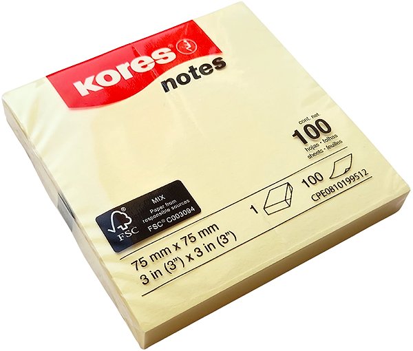 Notepad KORES 75 x 75 mm, 100 sheets, yellow - pack of 3 .