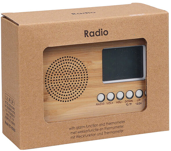 EH Excellent Houseware Alarm Clock with Radio and Thermometer, battery-powered, white.