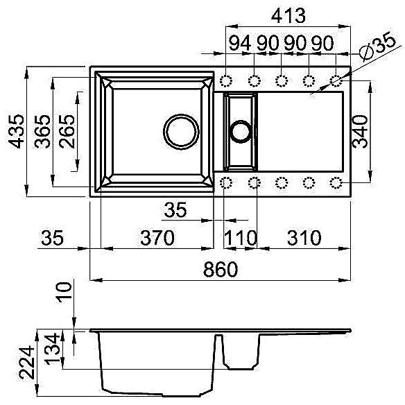 Granite Sink ELLECI EASY 425 Bianco Titano/Granitek Technical draft