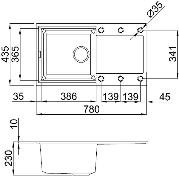 Granite Sink ELLECI EASY 290 G43 Tortora Technical draft