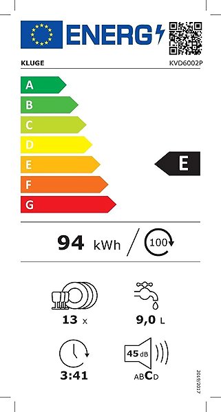 Dishwasher Kluge KVD6002P Energy label
