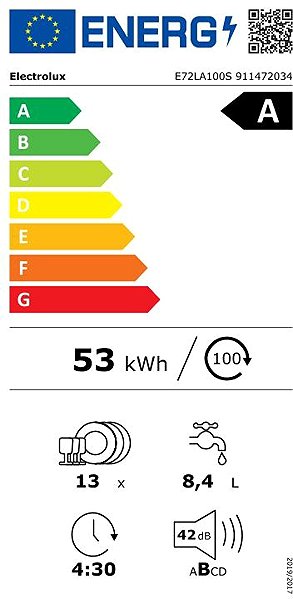 Vstavaná umývačka riadu ELECTROLUX 700 E72LA100S Energetický štítok
