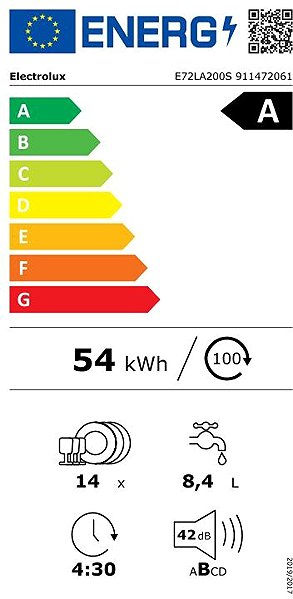Vstavaná umývačka riadu ELECTROLUX 700 E72LA200S Energetický štítok