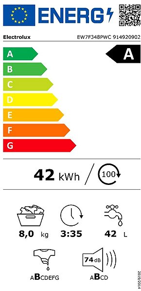 Steam Washing Machine ELECTROLUX 700 SteamCare® UniversalDose EW7F348PWC Energy label