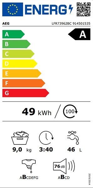 Steam Washing Machine AEG 7000 ProSteam® LFR73962BC Energy label