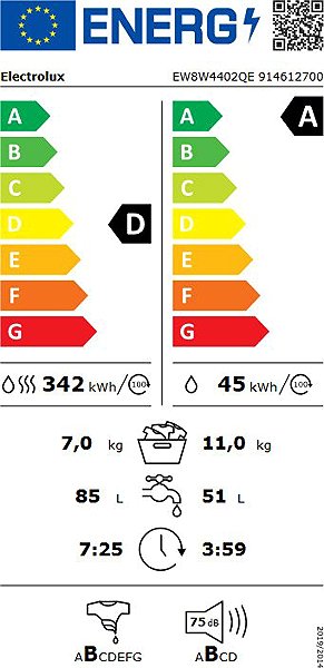 Steam Washing Machine with Dryer ELECTROLUX 800 UltraCare UniversalDose EW8W4402QE Energy label