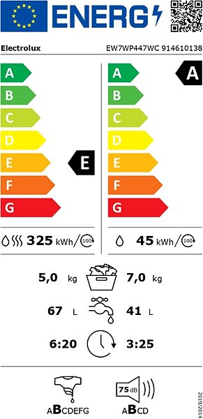 Parní pračka se sušičkou ELECTROLUX 700 DualCare™ EW7WP447WC Energetický štítek