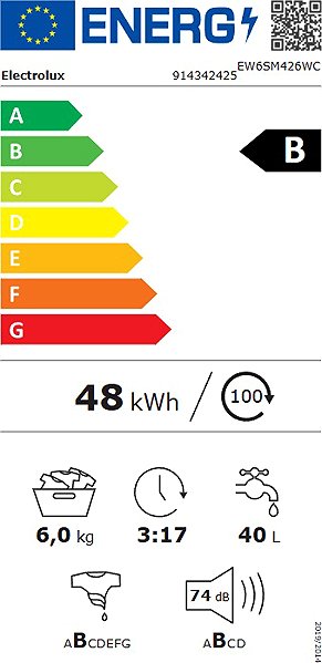 Slim steam washing machine ELECTROLUX 600 SensiCare® EW6SM426WC Energy label