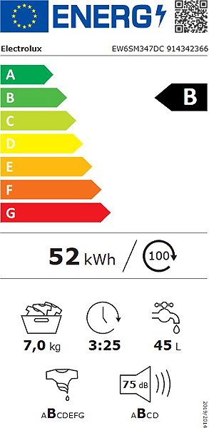Slim steam washing machine ELECTROLUX 600 SensiCare® EW6SM347DC Energy label