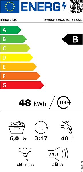 Slim steam washing machine ELECTROLUX 600 SensiCare® EW6SM226CC Energy label