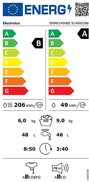Steam Washing Machine with Dryer ELECTROLUX 900 UltraCare EN9W2496BE Energy label