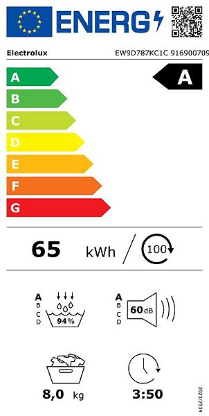 Clothes Dryer ELECTROLUX 900 PerfectCare EW9D787KC1C Energy label