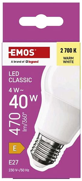 LED izzó EMOS Classic A60, E27, 4 W (40 W), 470 lm, meleg fehér ...